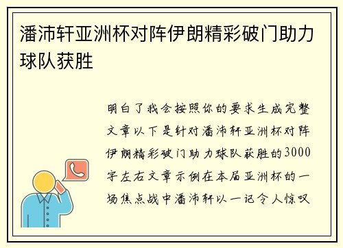 潘沛轩亚洲杯对阵伊朗精彩破门助力球队获胜